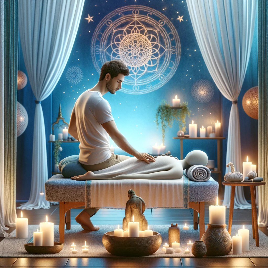 DALL·E 2024-01-02 23.56.08 - Uma imagem representando um terapeuta tântrico em um ambiente tranquilo e sereno, ideal para massagem tântrica. O terapeuta deve ser mostrado em uma p